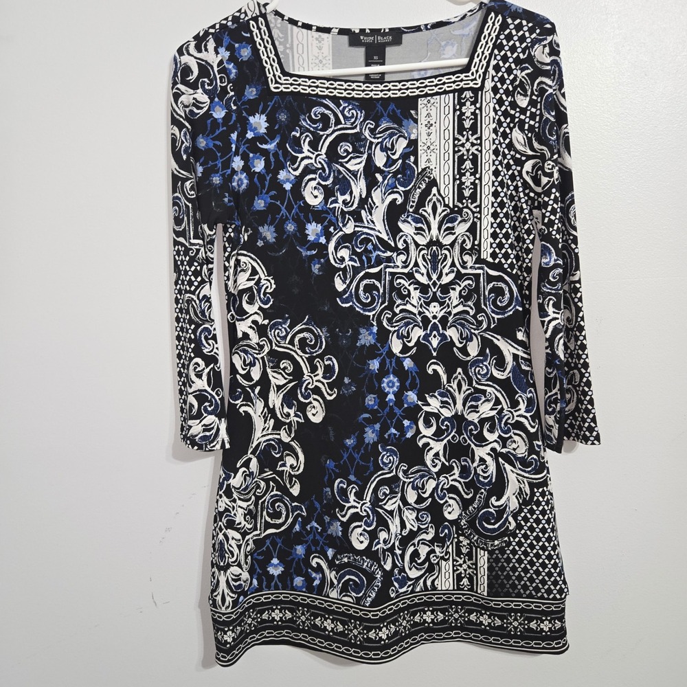S#62 White House‎ Black Market Square Neck 3/4 Sleeve Print Mini Dress XS